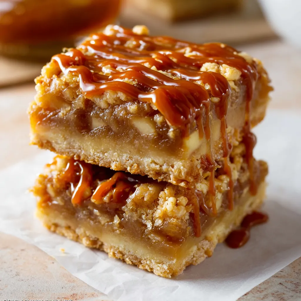Close-up of gooey caramel apple bars, easy fall baking recipe.