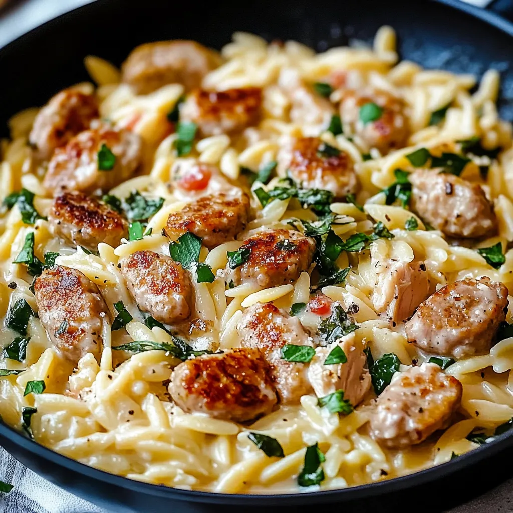 Creamy chicken sausage orzo in a pan. Easy one-pan meal.