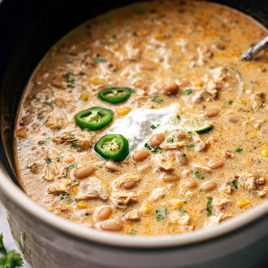 Creamy white chicken chili in a slow cooker. Easy dump and forget dinner recipe.