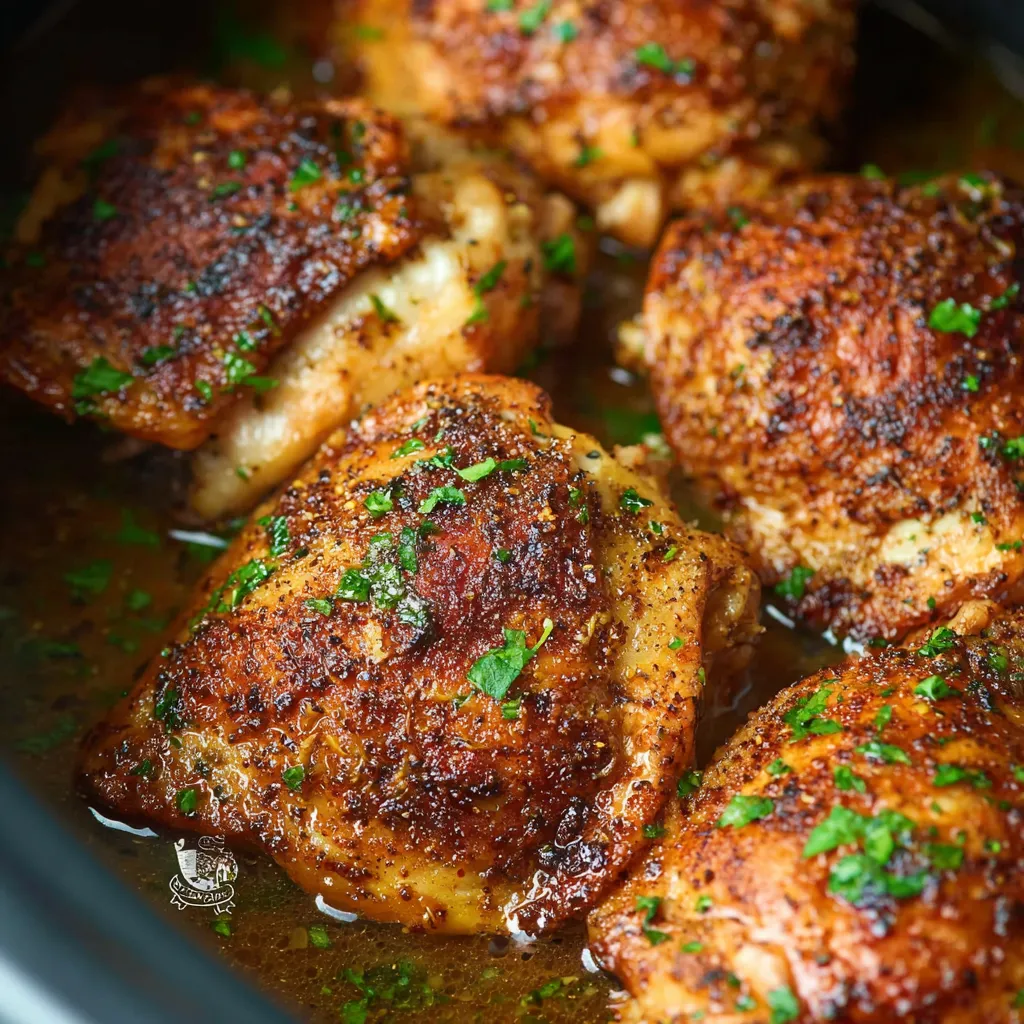 Crispy crockpot chicken thighs recipe. Juicy, browned chicken on a plate.