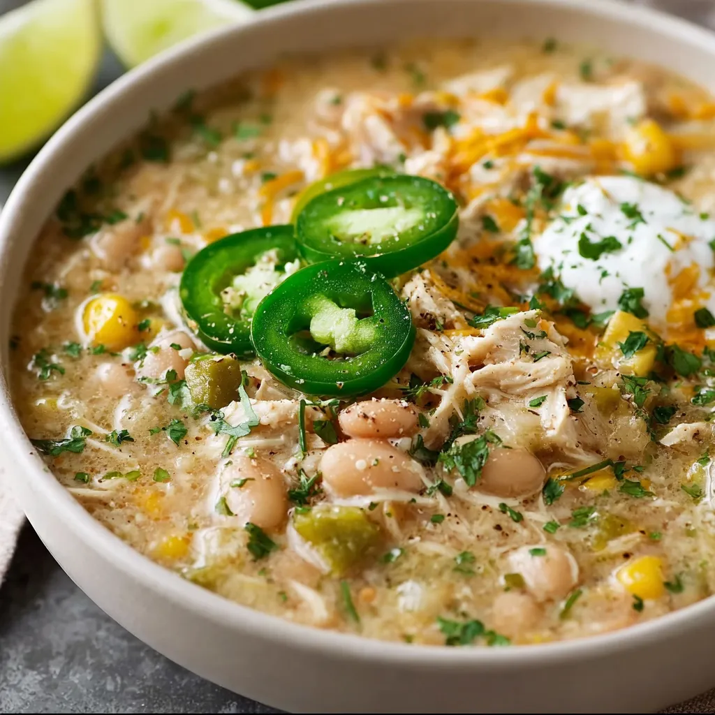 Crockpot white chicken chili. Creamy chicken chili in a slow cooker.