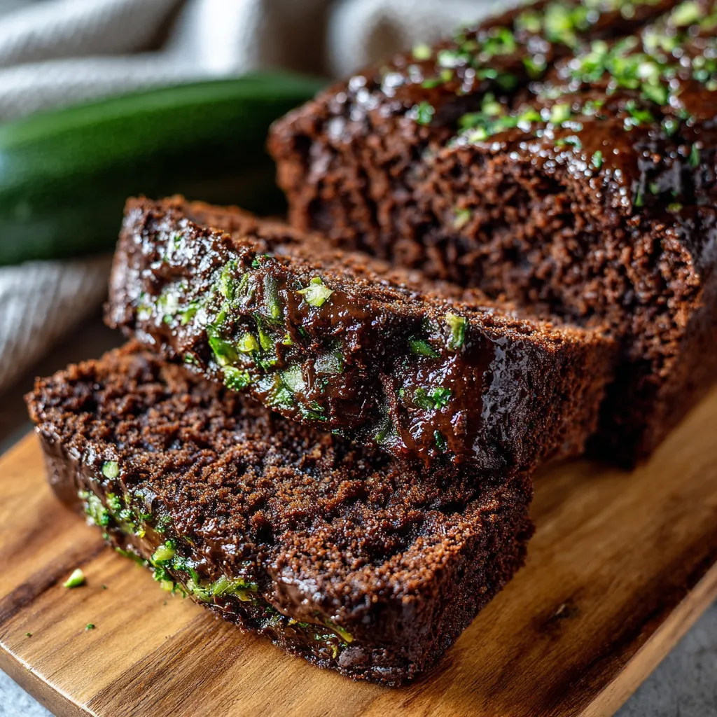 Double chocolate zucchini bread slice. Moist, fudgy, and delicious!