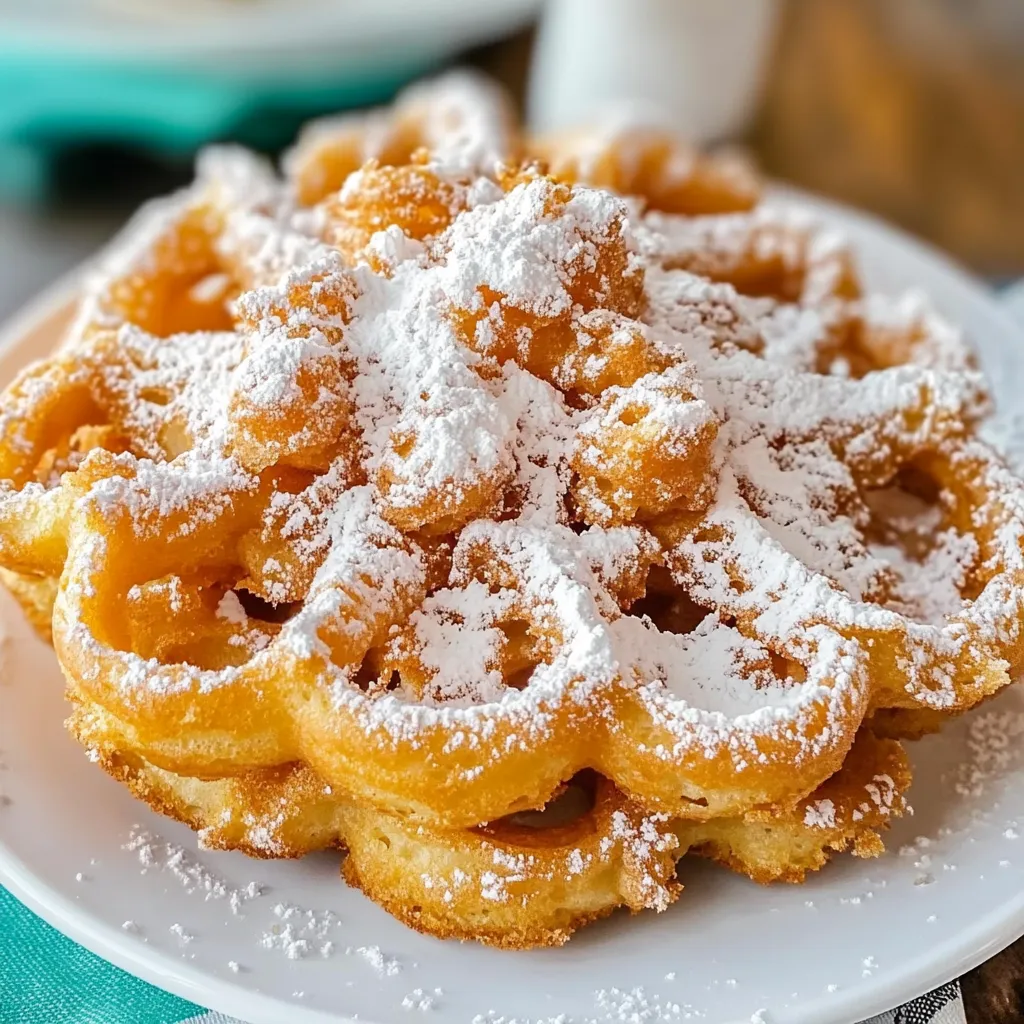Golden, crispy homemade funnel cake topped with powdered sugar.