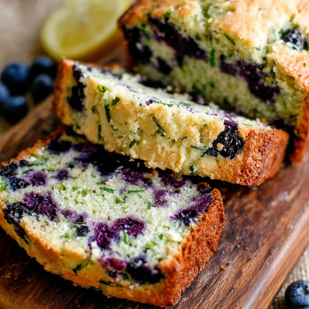 Moist lemon zucchini bread slice showing texture. Healthy baking recipe.