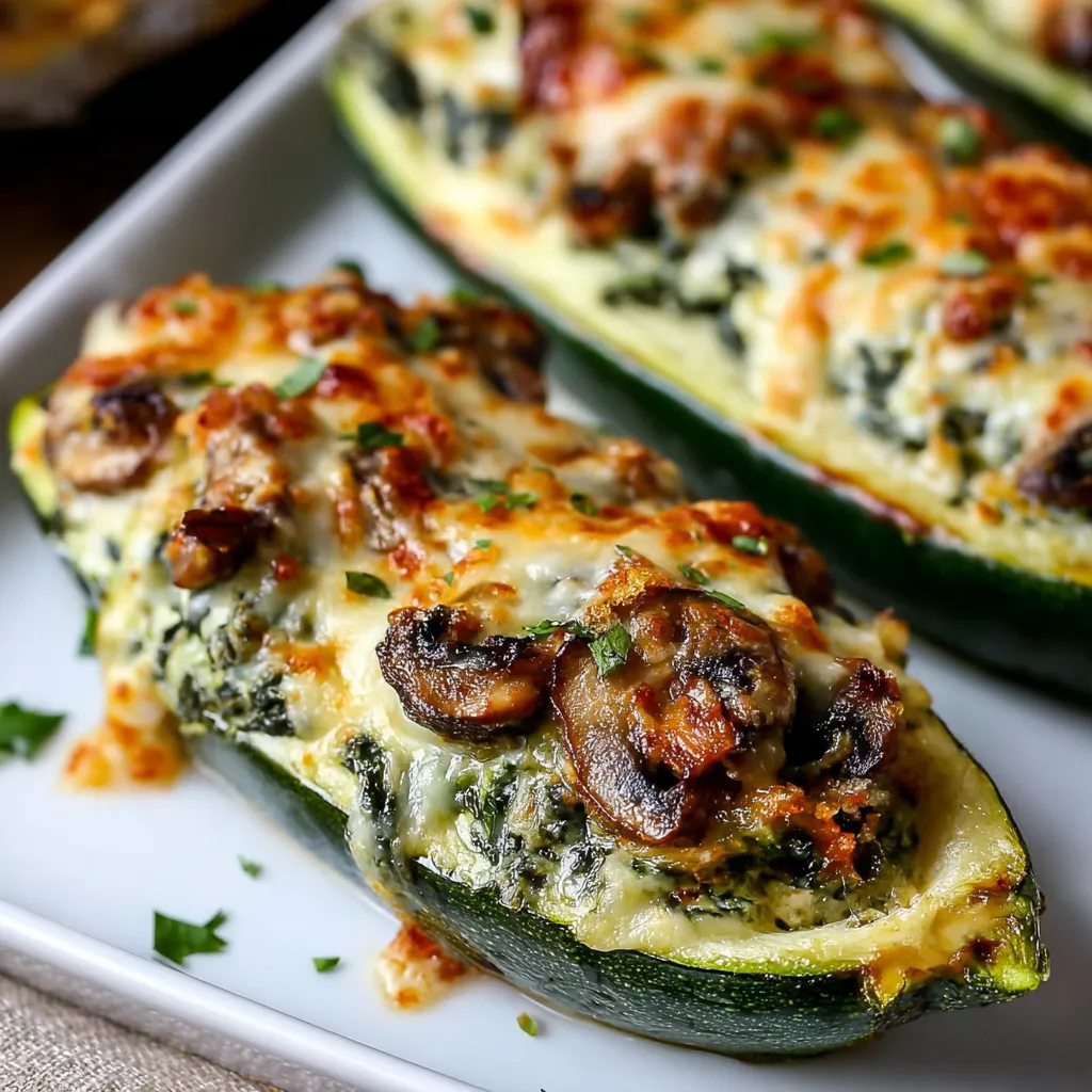 Mushroom ricotta stuffed zucchini boats. Low-carb, vegetarian meal.
