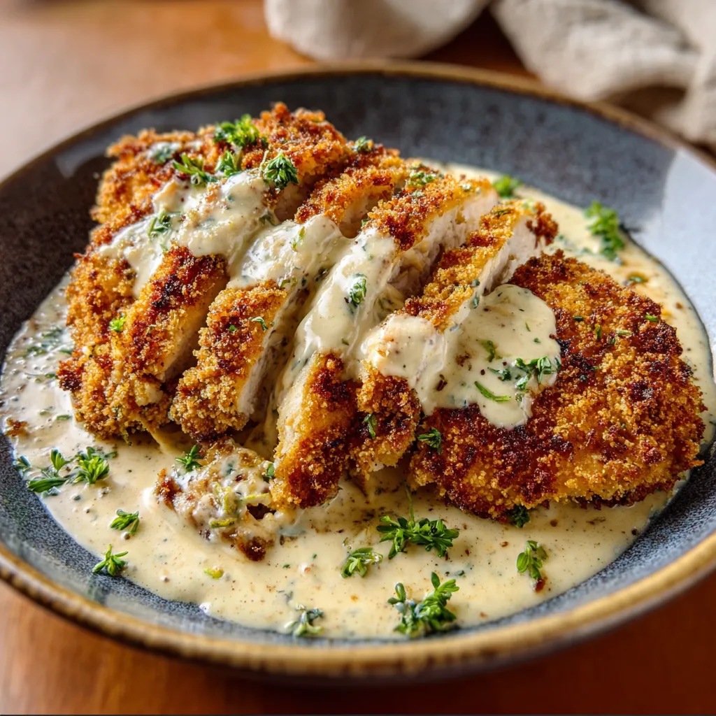 Parmesan crusted chicken with creamy garlic sauce. Delicious weeknight dinner!