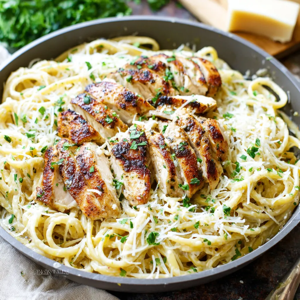 Parmesan garlic chicken pasta in a pan. Easy one-pan dinner recipe.