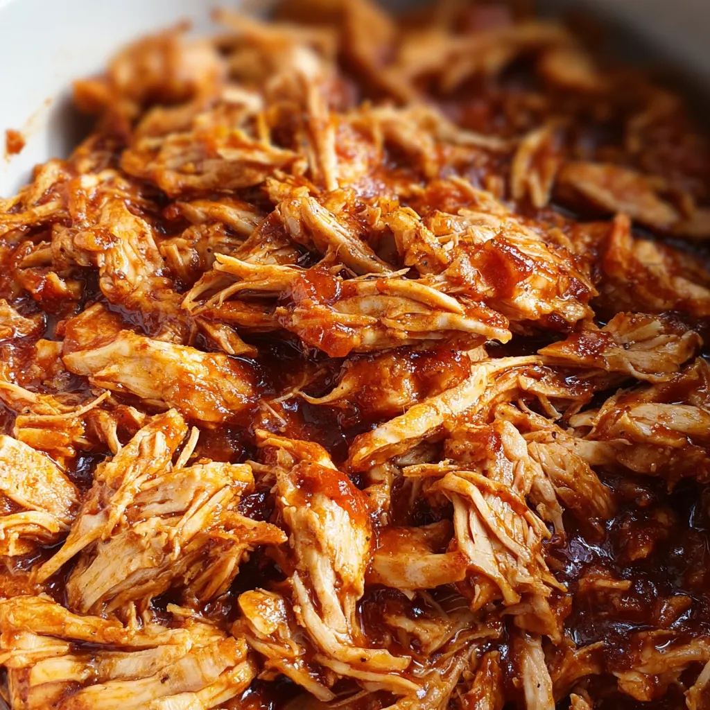 Shredded BBQ chicken in crockpot. Easy weeknight dinner recipe.