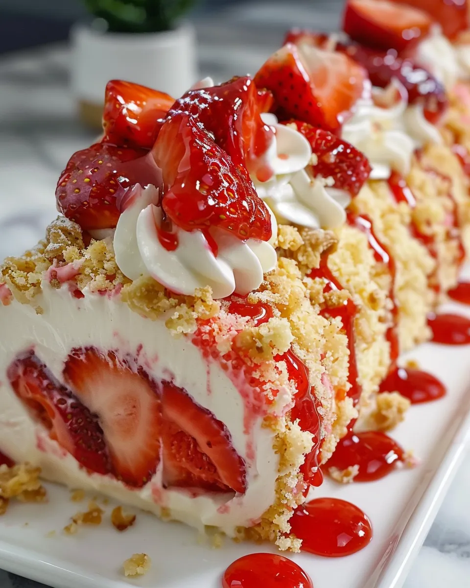 Strawberry Shortcake Cheesecake Roll slice. Creamy strawberry cheesecake filling, cake layers.