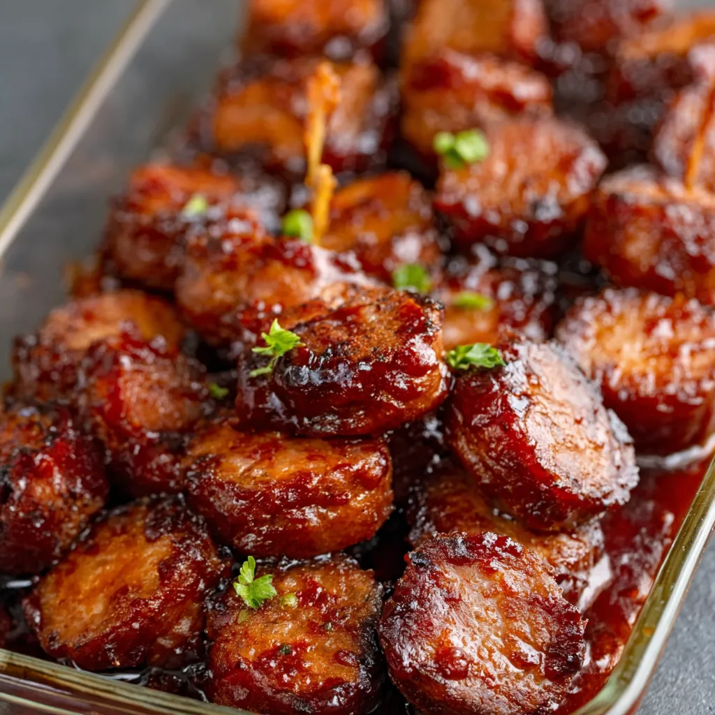 BBQ sausage bites on a plate. Grilled sausage appetizer.