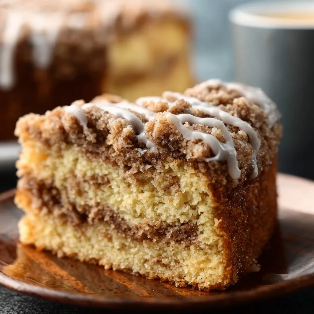 Golden brown coffee cake with crumb topping.