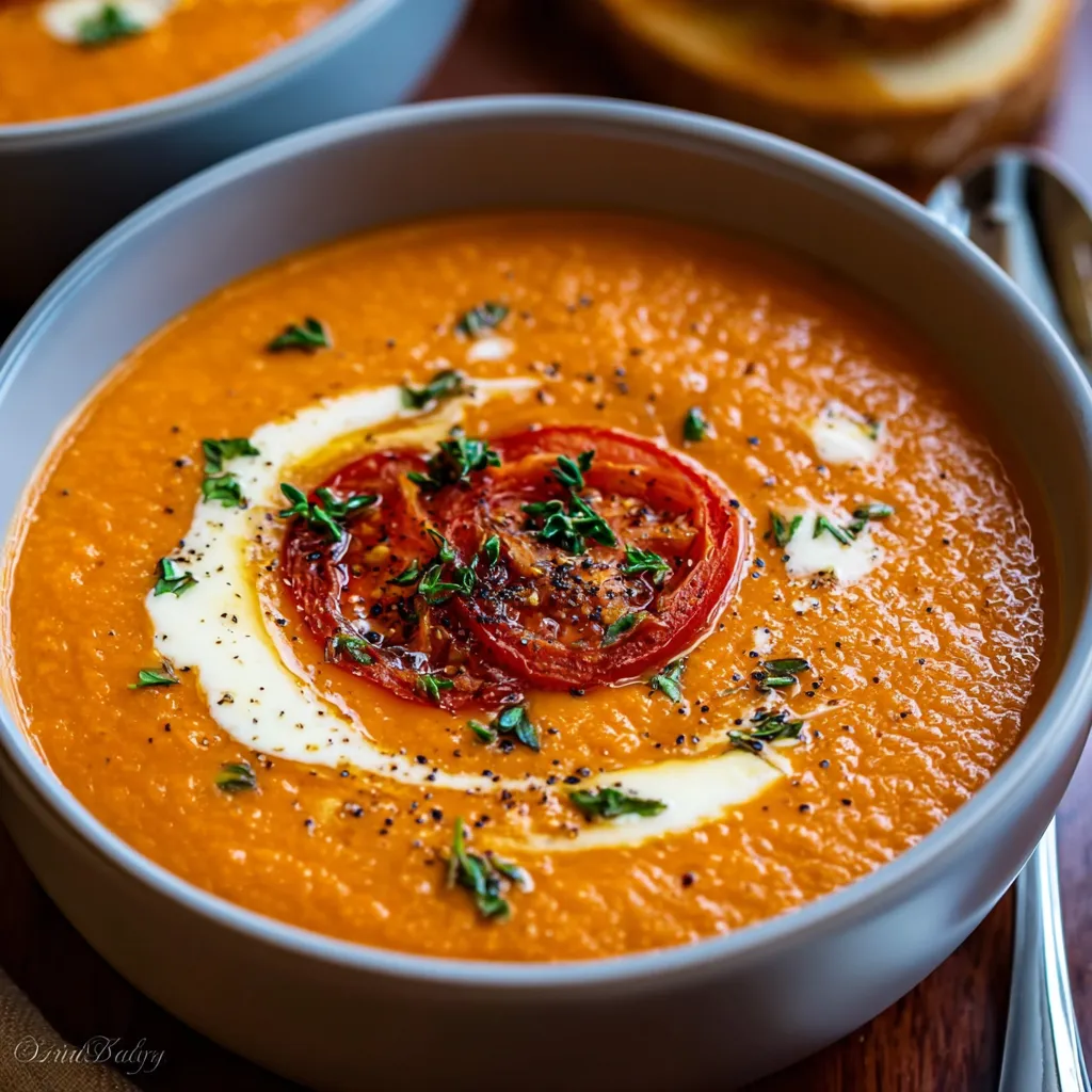 Creamy roasted garlic tomato soup in bowl. Delicious homemade soup recipe.