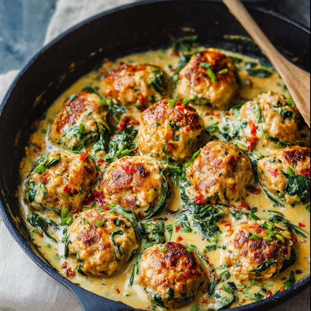 Creamy spinach turkey meatballs in a white sauce.