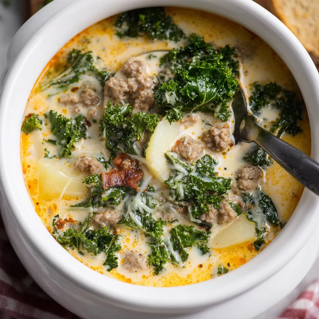 Creamy Crockpot Zuppa Toscana soup in a bowl, ready to eat.