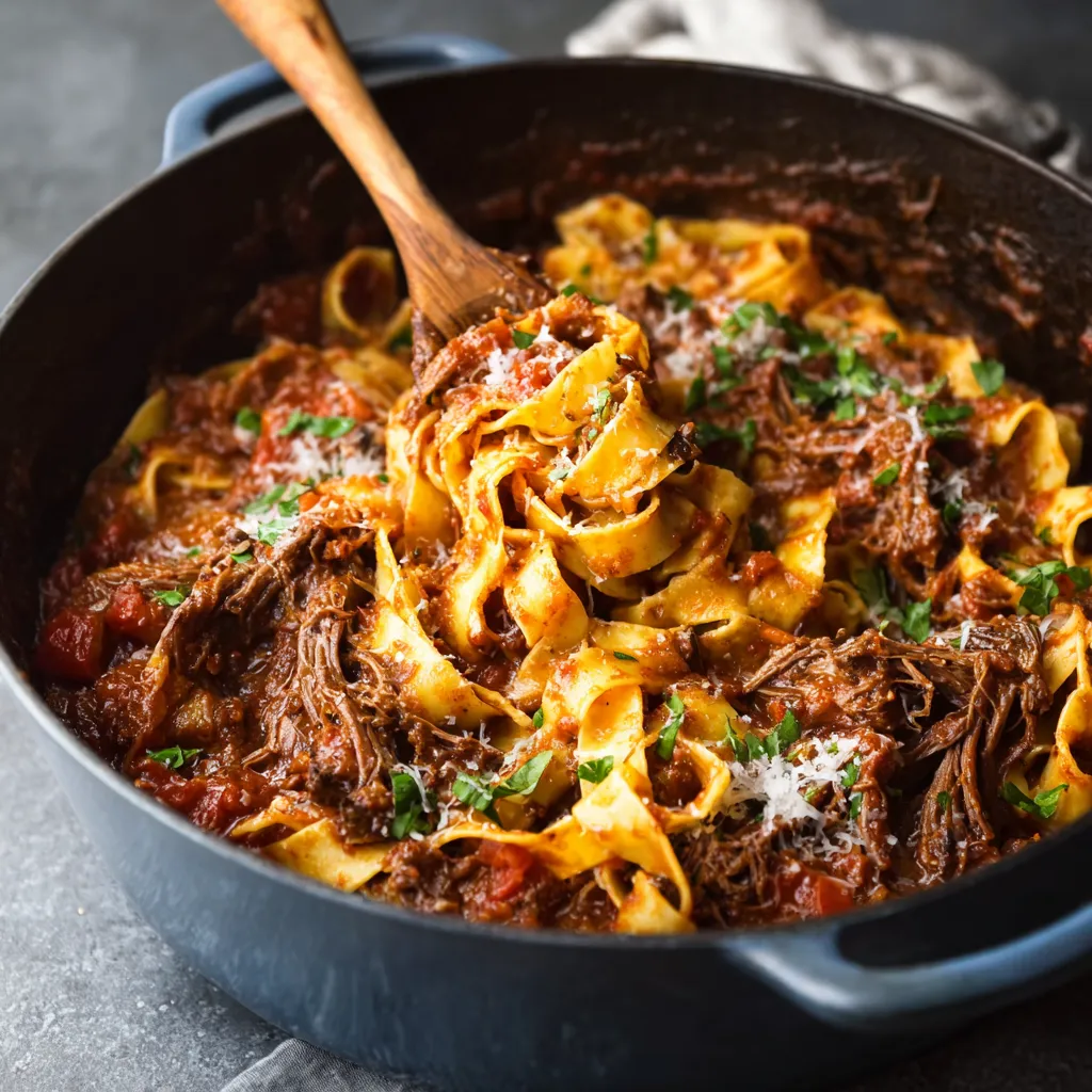 Dutch oven short rib ragu with pappardelle pasta.