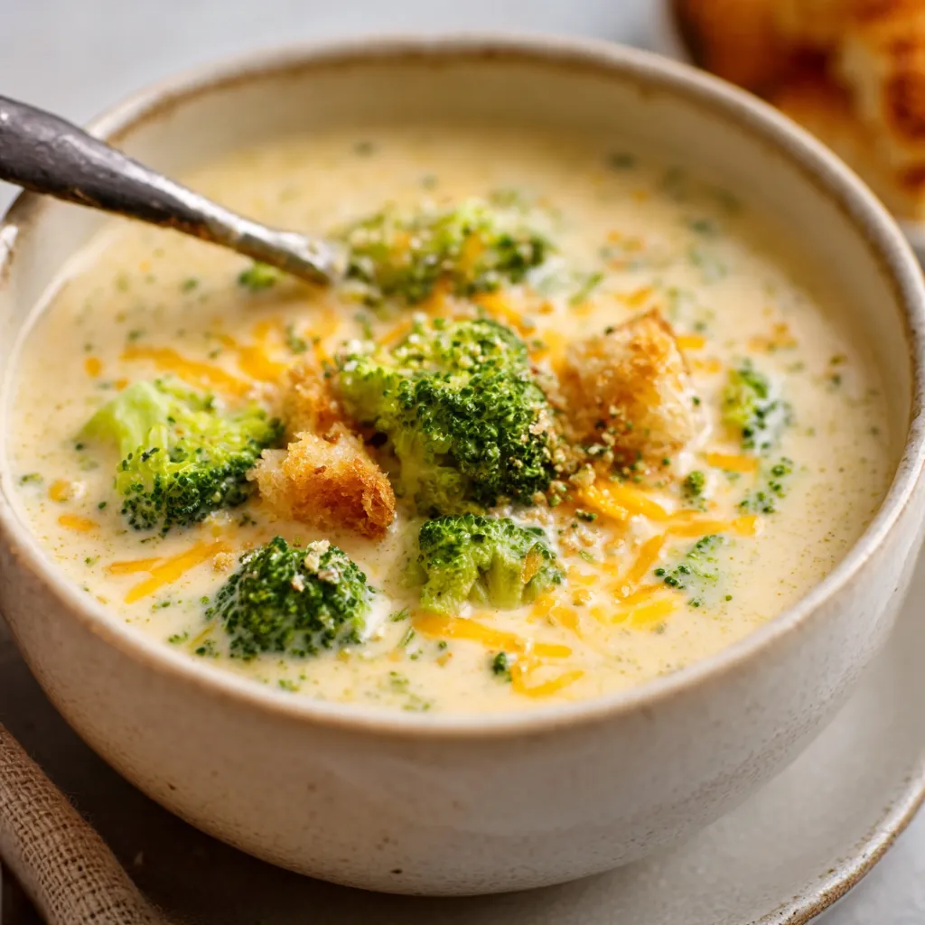 Creamy broccoli cheese soup in a bowl. Comfort food!