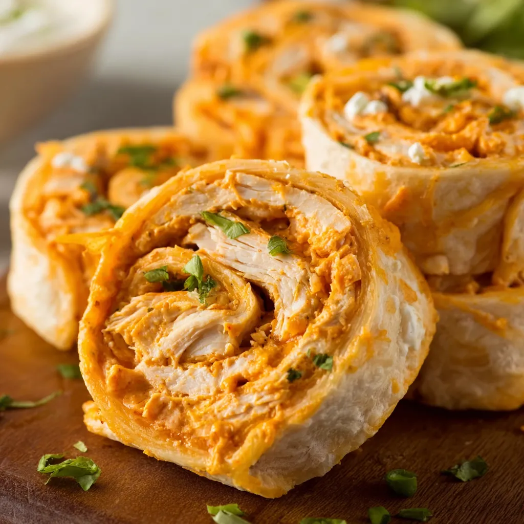 Buffalo chicken pinwheels on a plate, close-up. Spicy appetizer.