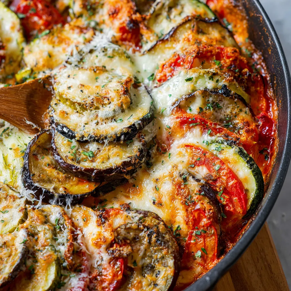 Baked ratatouille casserole with melted cheese. A delicious vegetable dish.