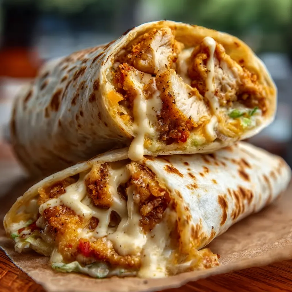 Cheesy garlic chicken wrap cut in half, showing filling.