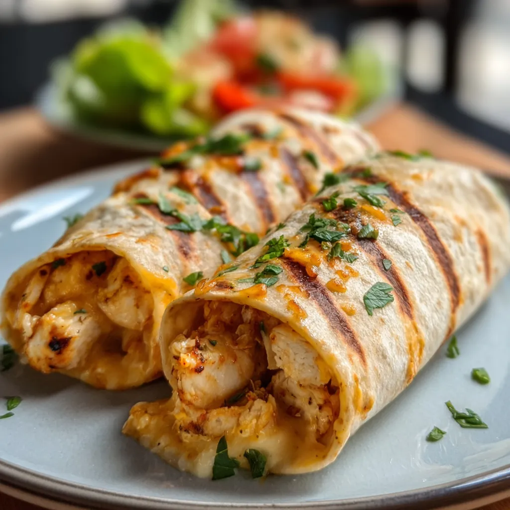 Cheesy garlic chicken wraps on a plate. Easy weeknight dinner recipe.
