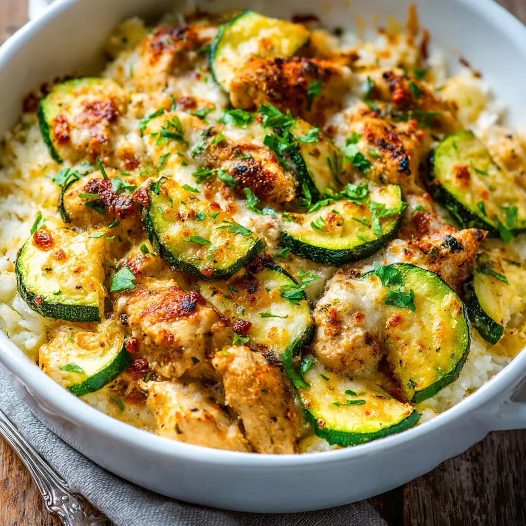 Chicken zucchini bake: cheesy, low-carb casserole.