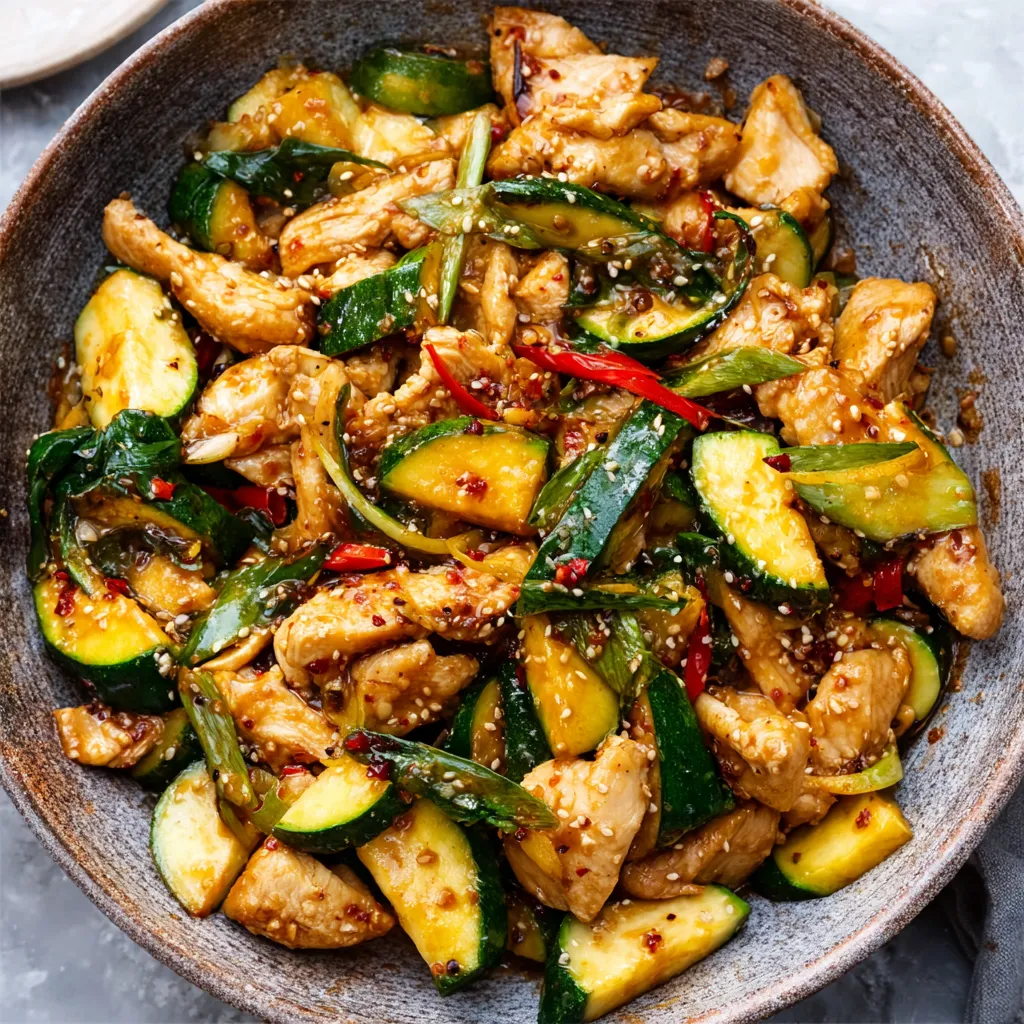 Chicken zucchini stir fry in a pan. Easy one-pan meal.