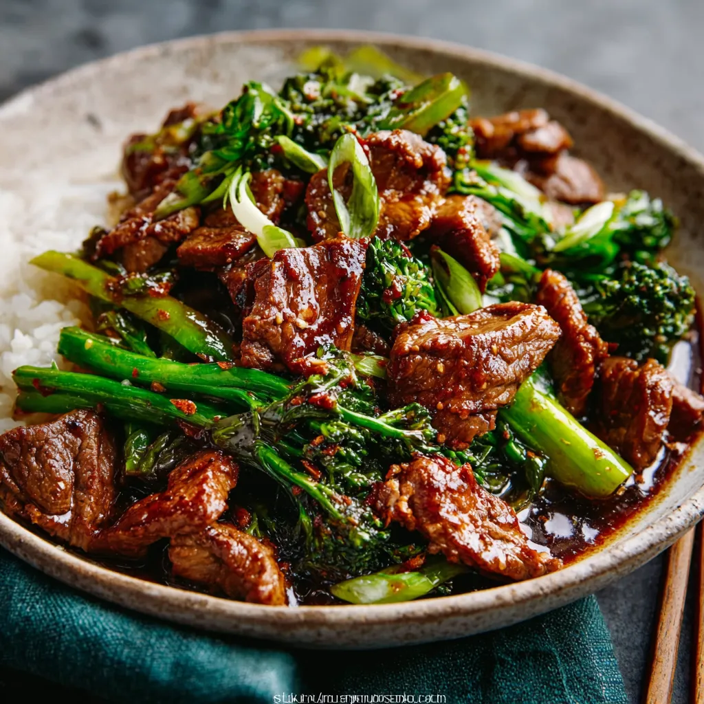 Close-up of homemade Chinese beef and broccoli stir-fry.