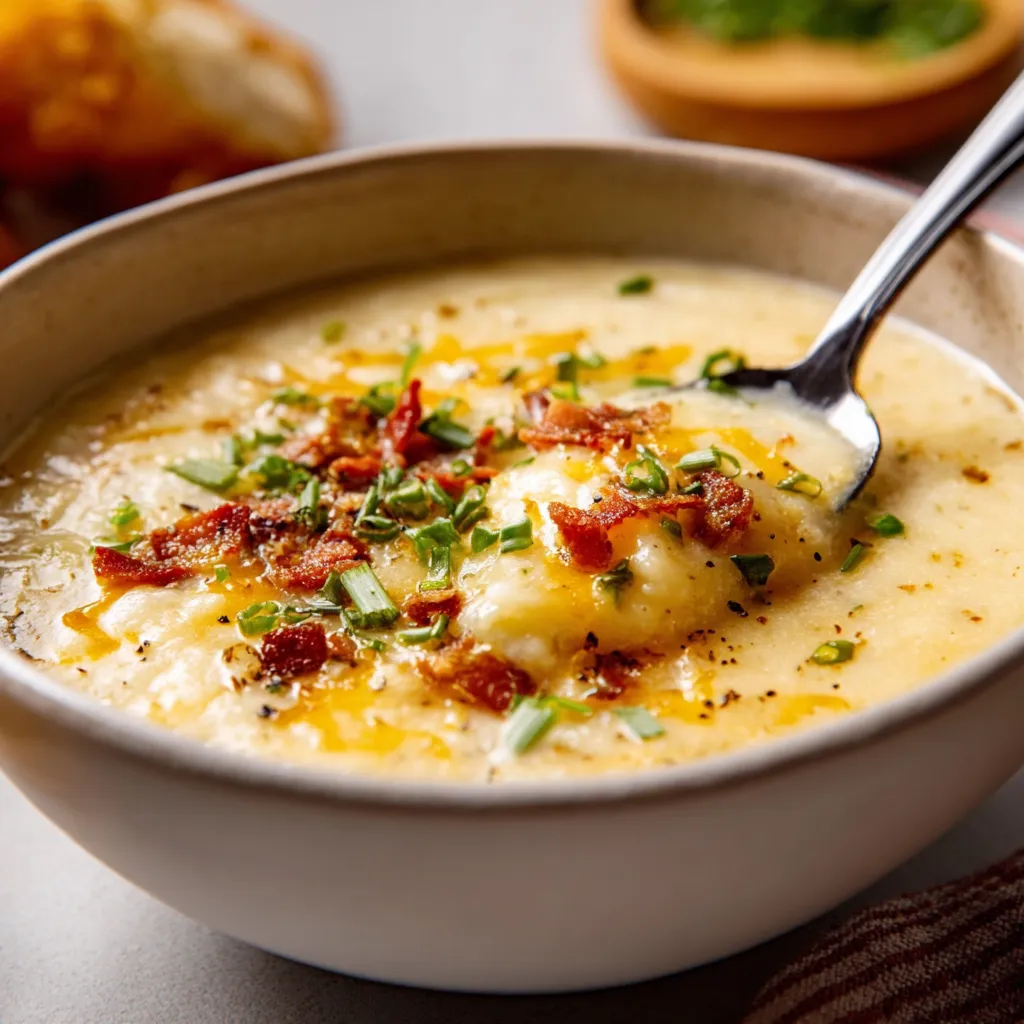 Creamy baked potato soup in a bowl, garnished with chives and bacon.