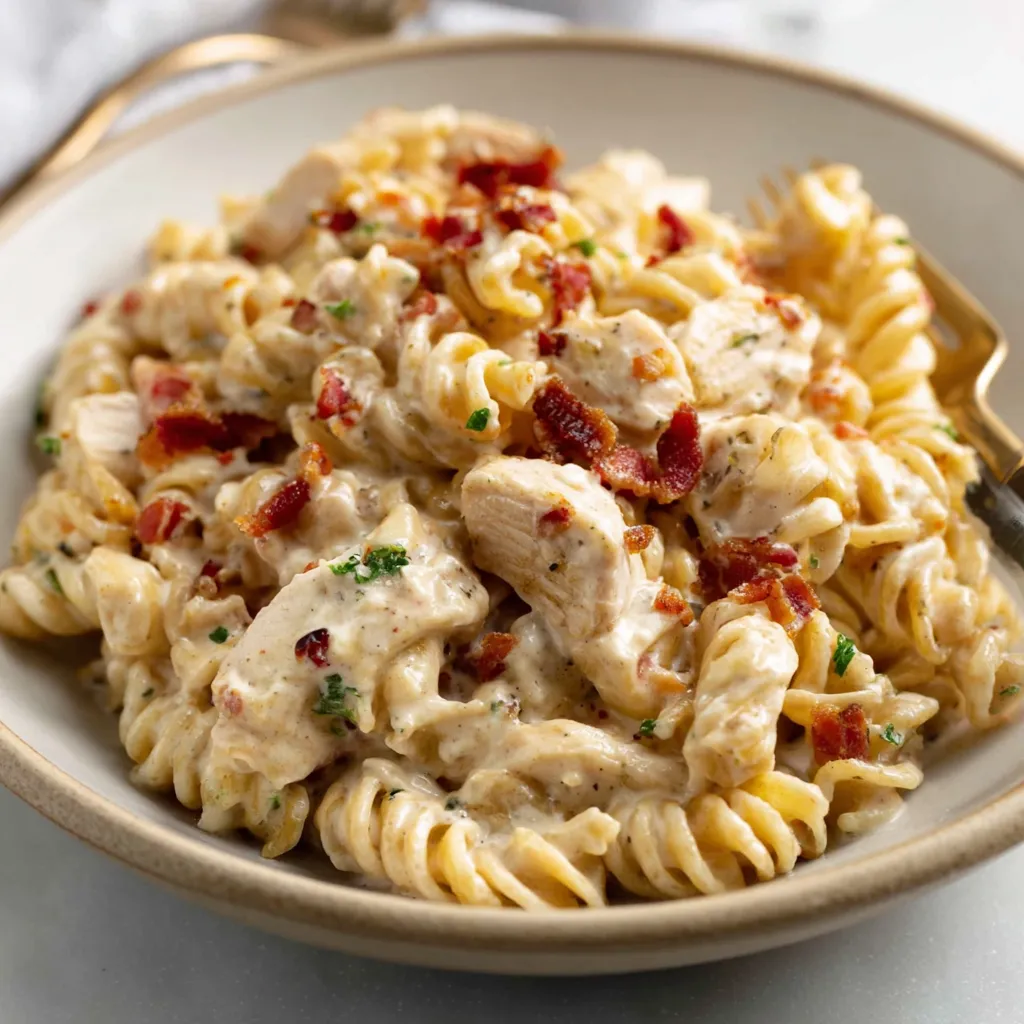 Creamy chicken bacon ranch pasta in a pan. Easy one pan dinner recipe.