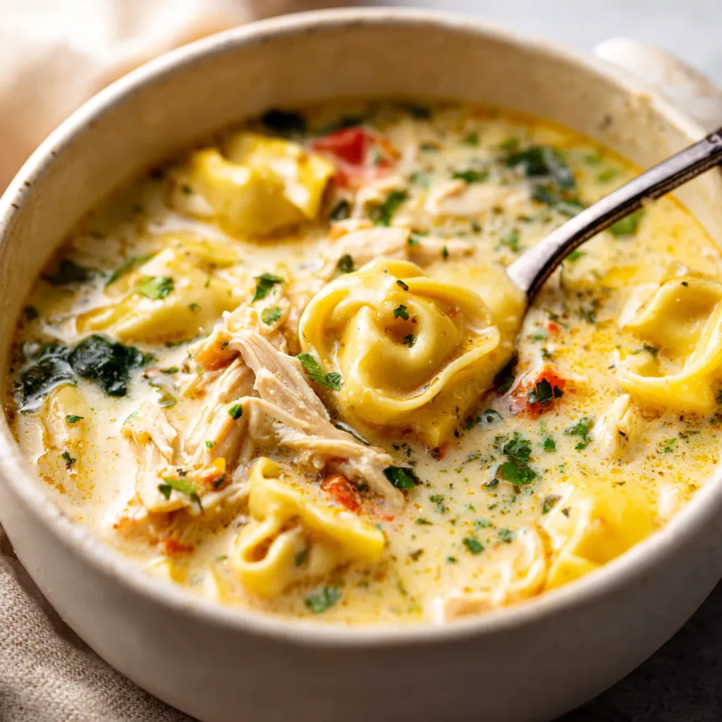 Creamy chicken tortellini soup in a white bowl. Easy weeknight meal.