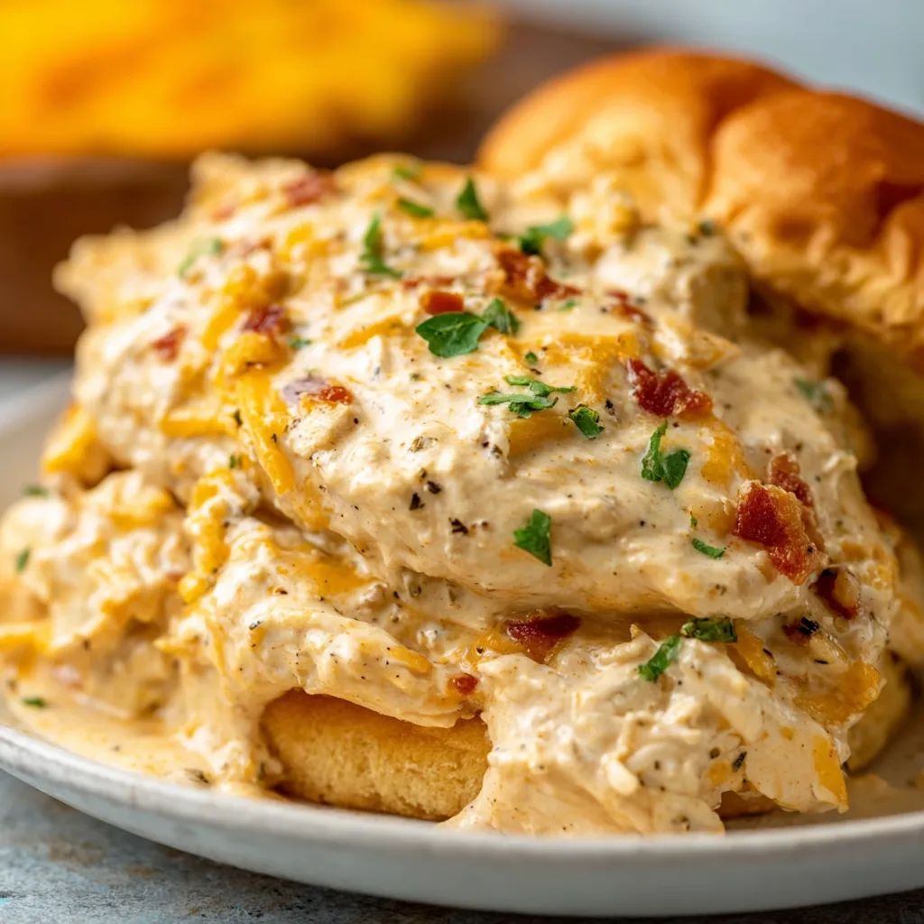 Creamy crockpot crack chicken in a bowl. Easy slow cooker recipe!