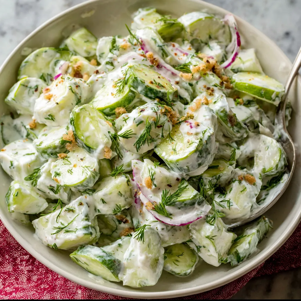 Creamy cucumber salad close-up. Fresh summer side dish.