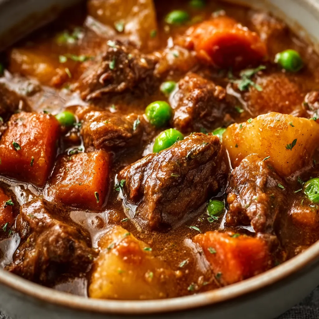 Crock Pot Beef Stew: Hearty beef stew simmering in a slow cooker. Easy comfort food!