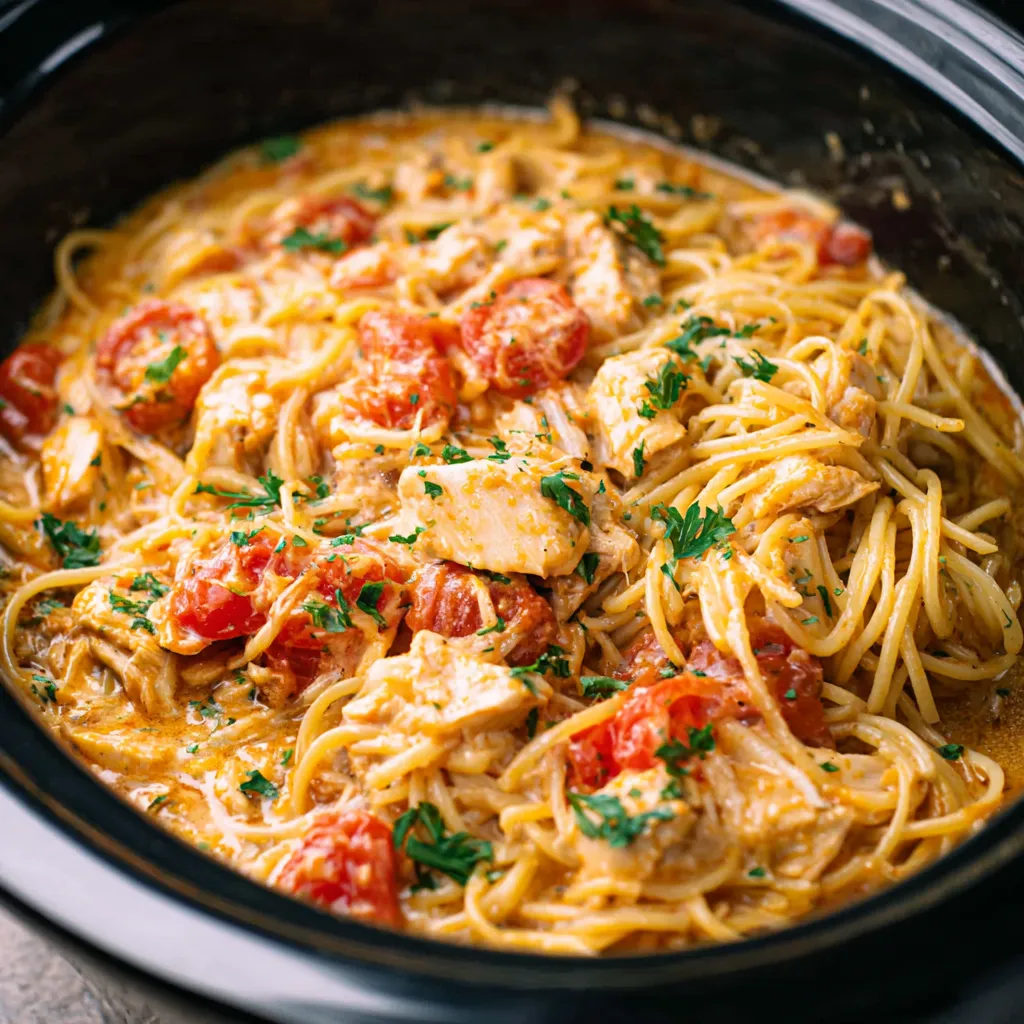 CrockPot chicken spaghetti. Easy slow cooker comfort food.