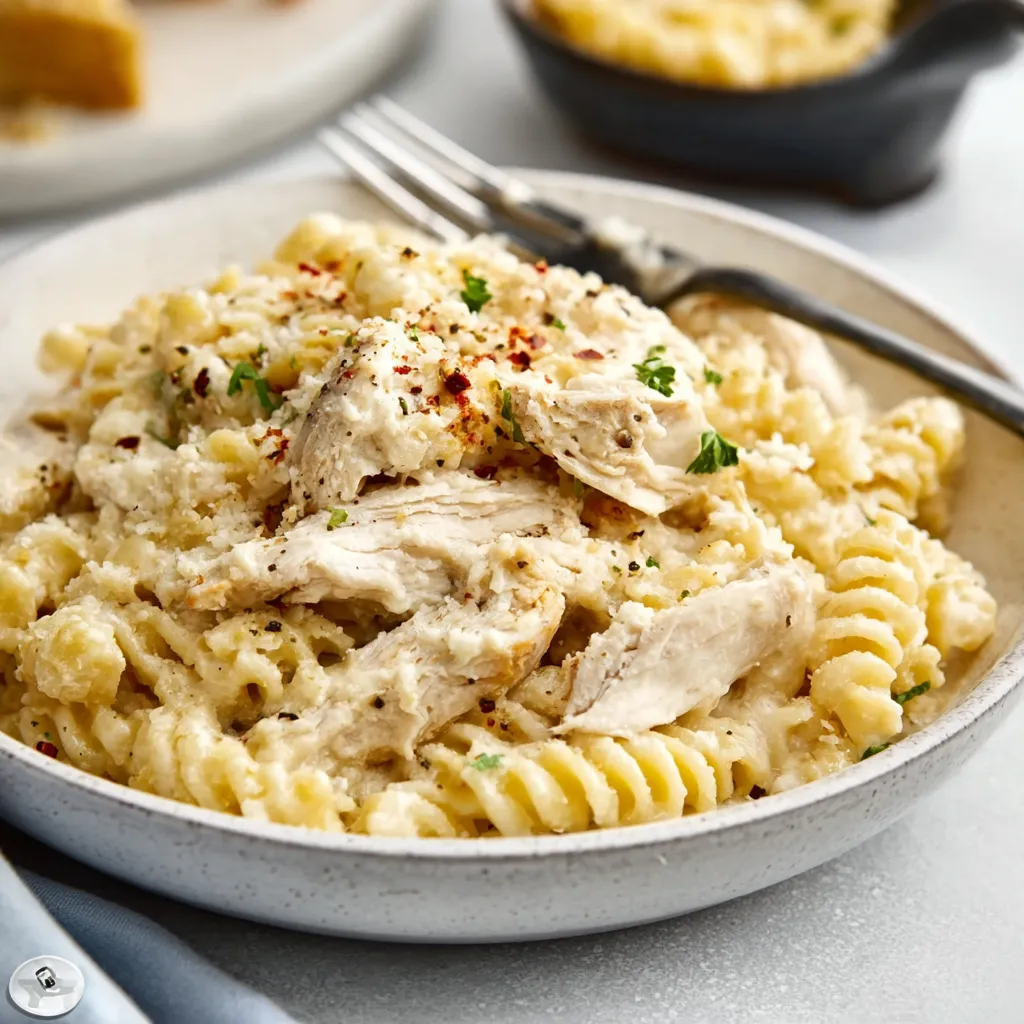 Crockpot garlic parmesan chicken pasta. Easy dump and forget dinner recipe.