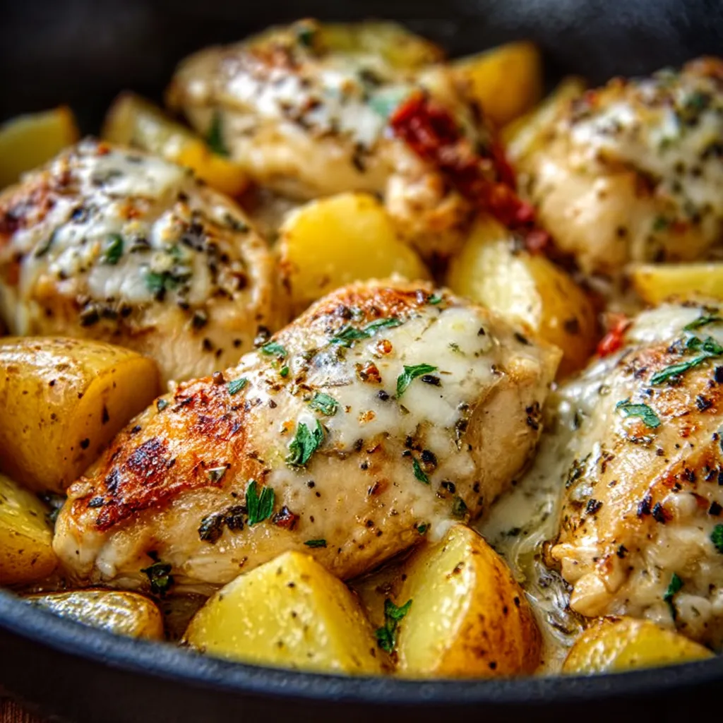 Crockpot garlic parmesan chicken and potatoes dinner, ready to eat.