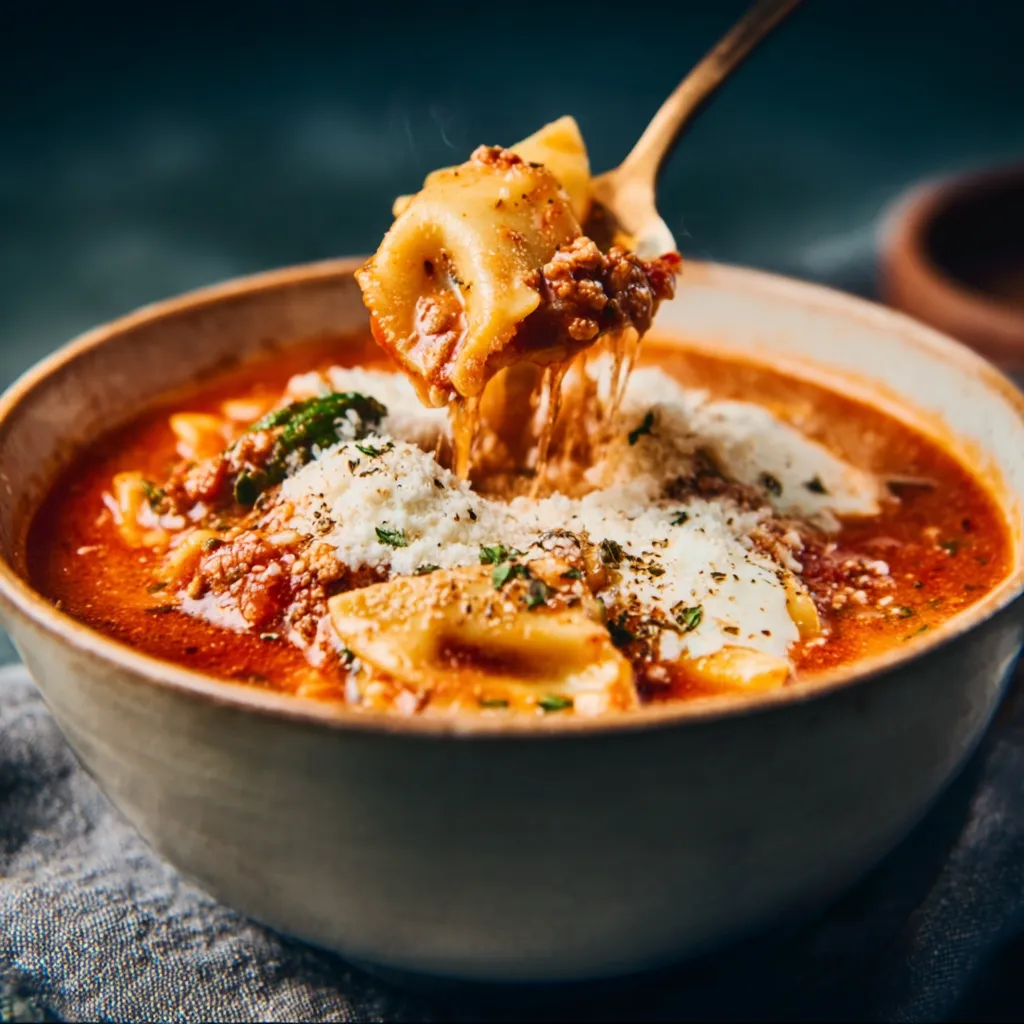 Crockpot lasagna soup: Creamy, cheesy slow cooker comfort food ready to serve.