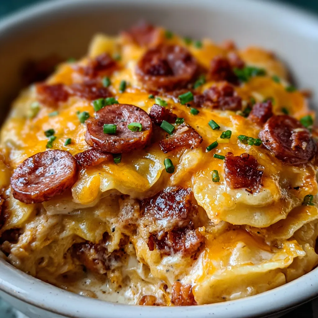 Crockpot pierogi casserole with kielbasa, ready to serve. Dump & done comfort food.