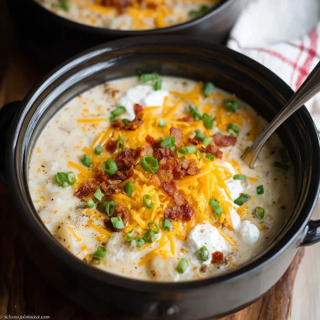 Creamy crockpot potato soup in a bowl. Easy slow cooker recipe!