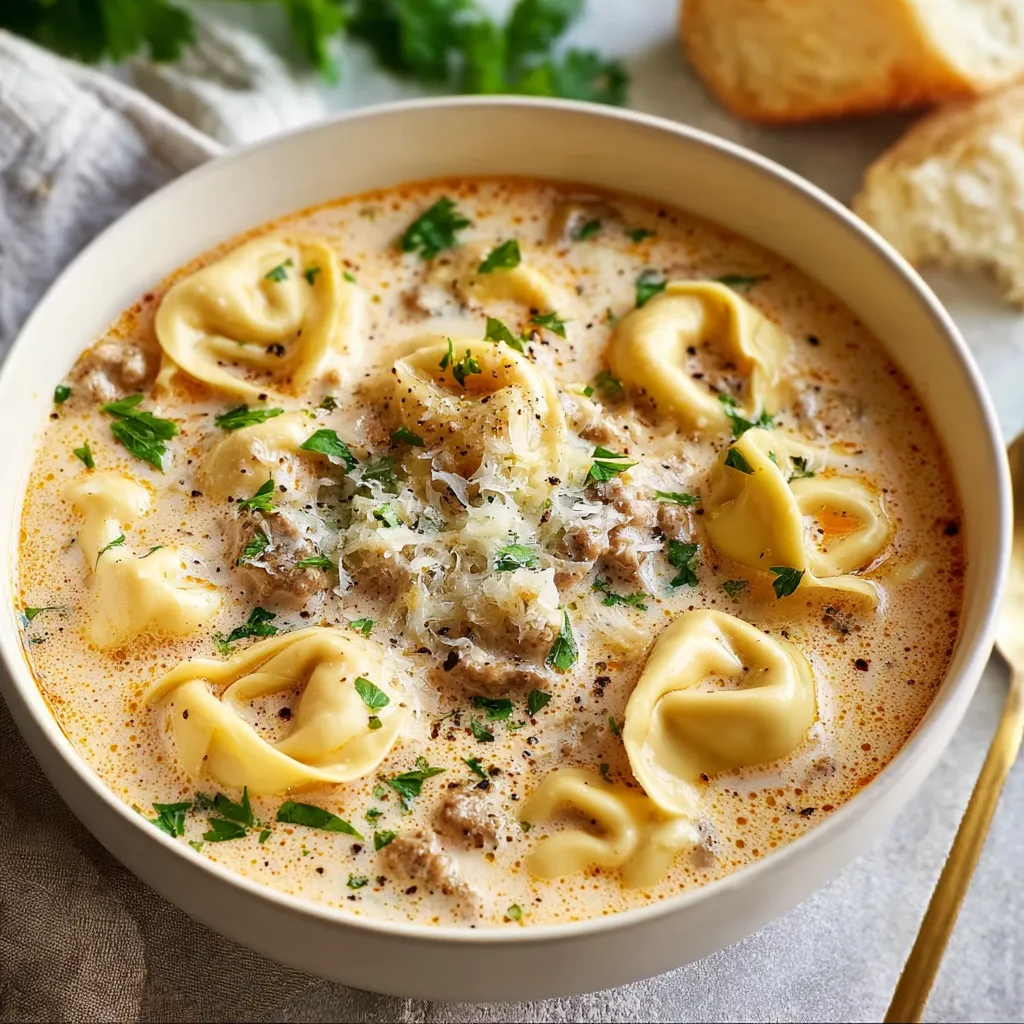 Creamy tortellini soup in a white bowl. Cheese tortellini, spinach, and rich broth.
