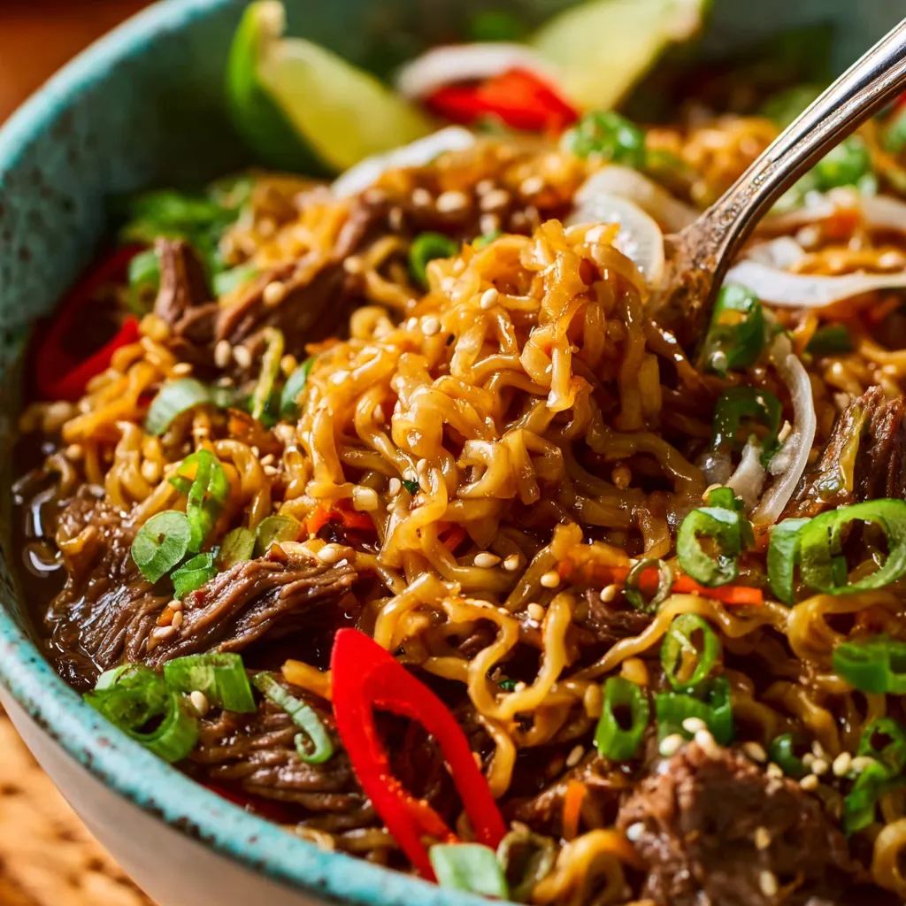 Slow cooker beef ramen noodles: Tender beef and broth with ramen noodles.