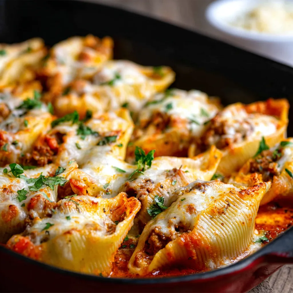 Easy stuffed shells: Jumbo pasta shells filled with ricotta cheese and sauce.