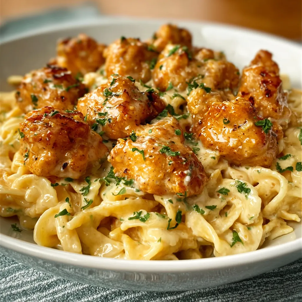 Garlic butter chicken bites with creamy pasta. Easy weeknight dinner.