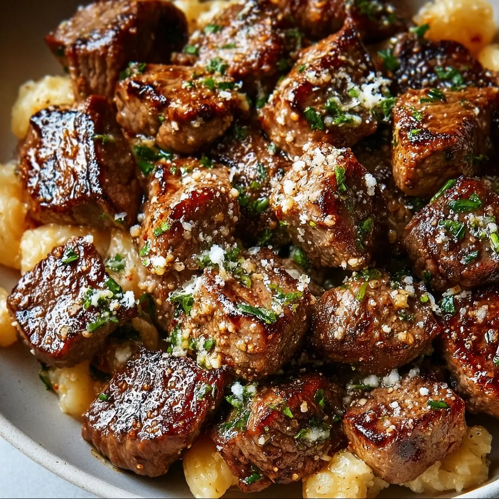 Garlic butter steak bites with parmesan cheese, ready to eat.