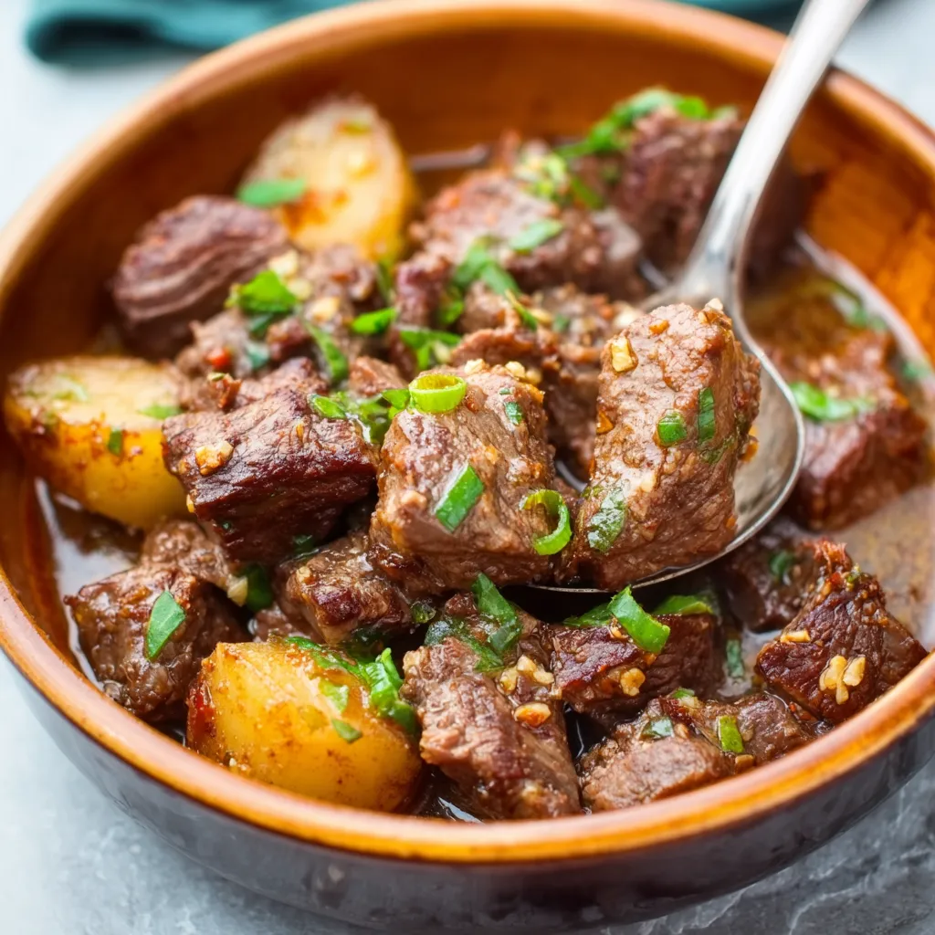Slow Cooker Garlic Butter Beef Bites, ready to serve. High protein meal.