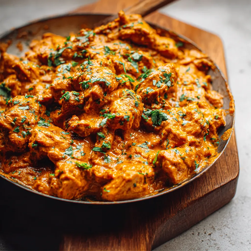 Homemade butter chicken simmering in a pot, ready to eat.