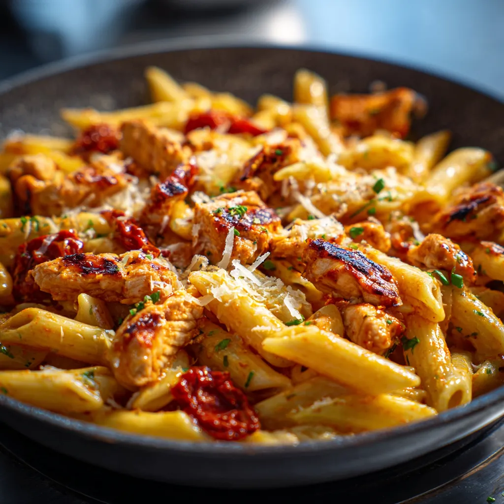 One-pan honey BBQ chicken penne. Easy weeknight pasta dinner.