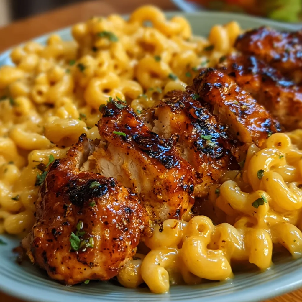 Honey pepper chicken and creamy mac and cheese plated meal.