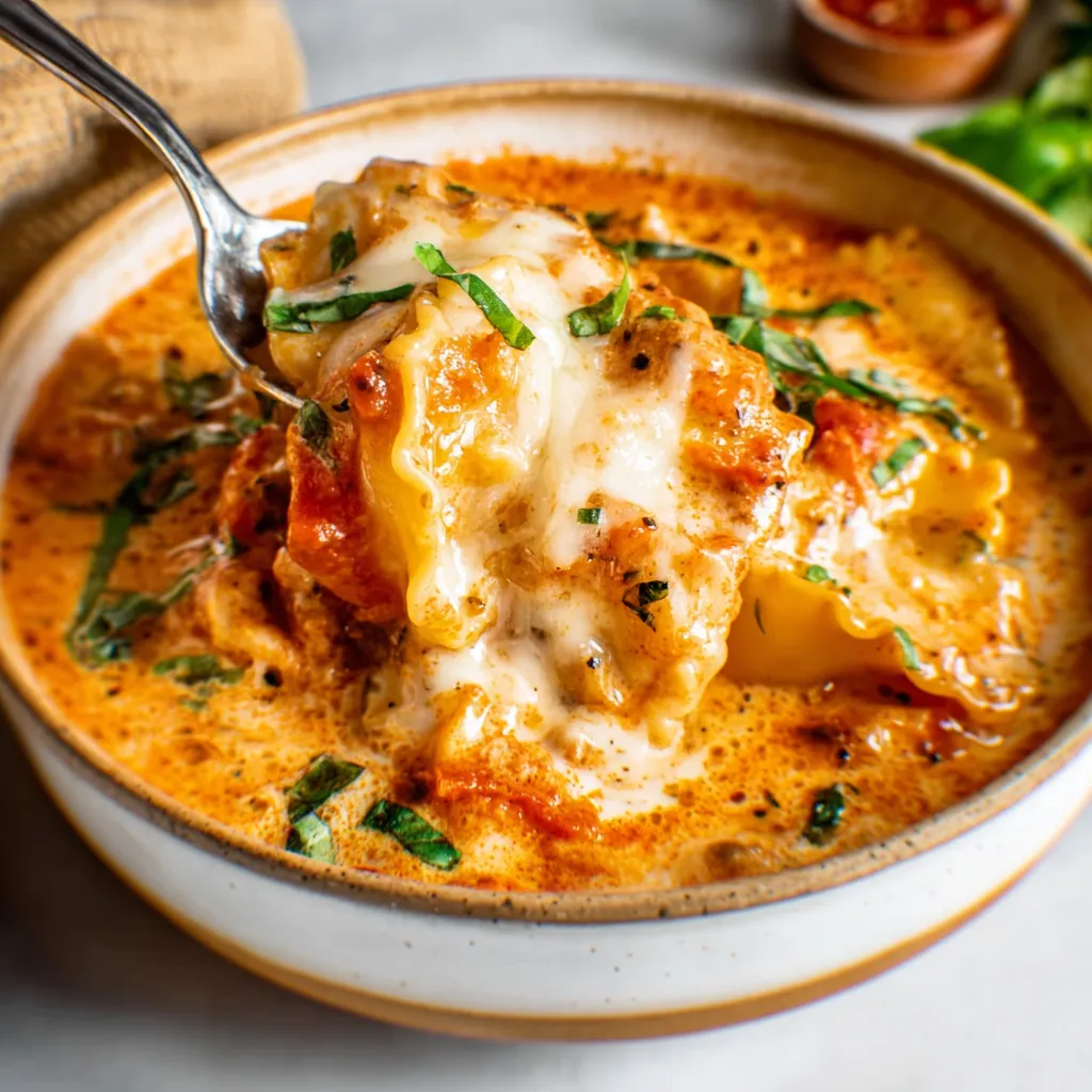 Creamy lasagna soup in a bowl, ready to eat. Easy comfort food recipe.