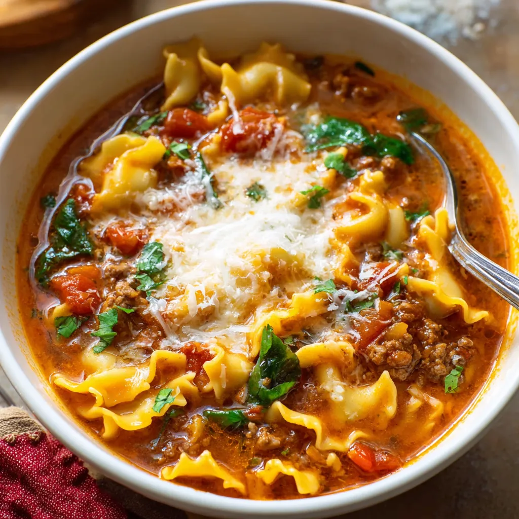 Close-up of hearty lasagna soup in a bowl. Easy recipe, cheesy, delicious.